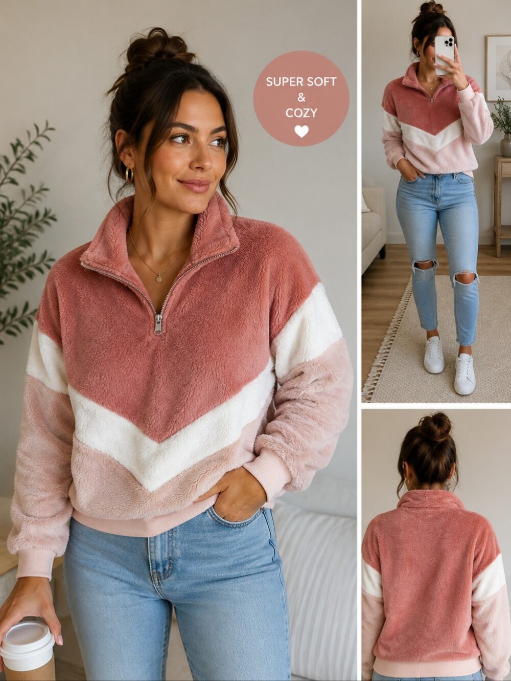 H&M Divided Sherpa Fleece Colorblock Quarter Zip Pullover